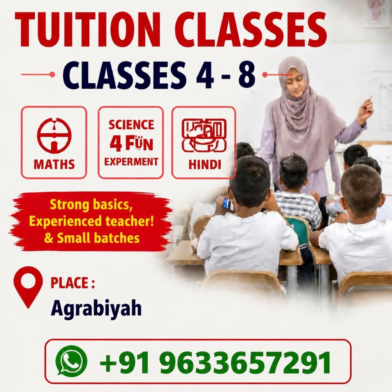 Khobar, Lessons Offered, “TUITION CLASSES”  Classes 4 – 8  •	📐 Maths •	🔬 Science  •	📚 Hindi “strong Basics”, “ex