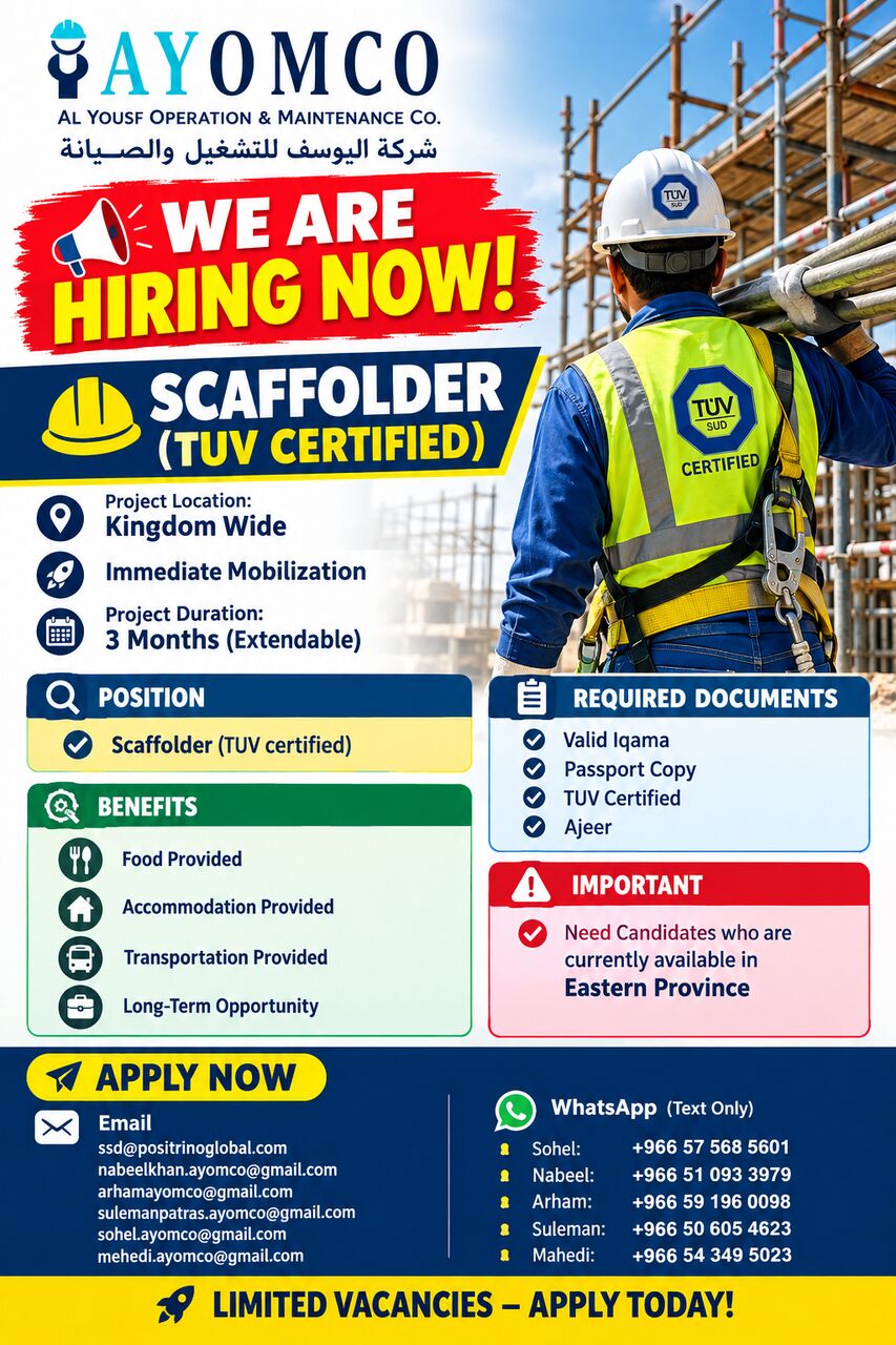 Dammam, Jobs, Scaffolder (TUV Certified)👷