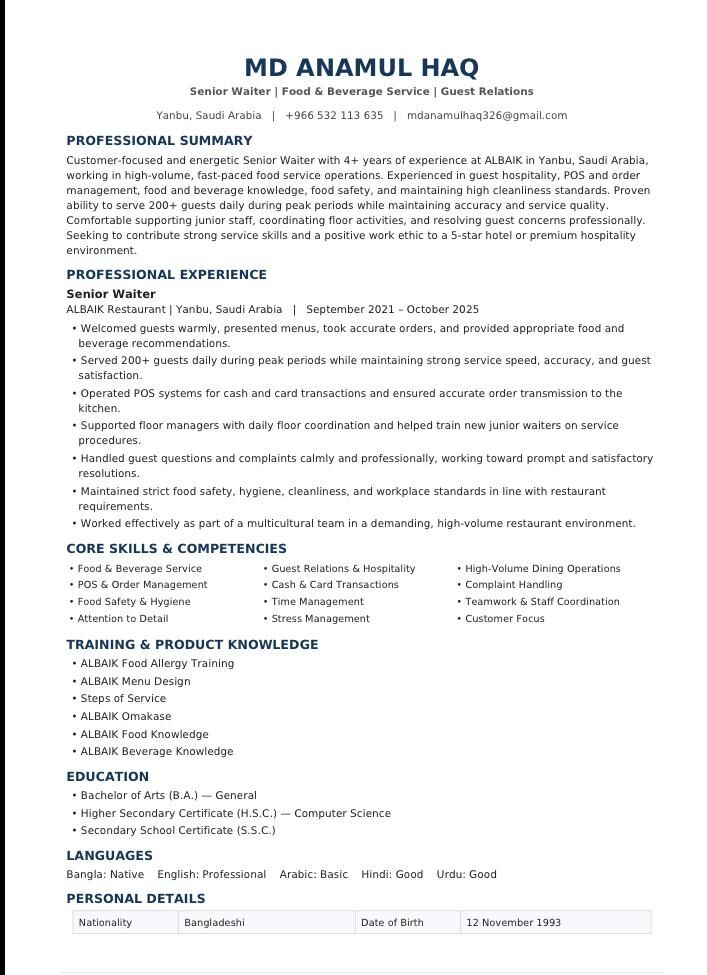 Dammam, Job Seekers, Waiter, Team Leader.