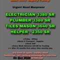 ELECTRICIAN TECHNICIAN,  Plumber, Tiels Mason, Helper