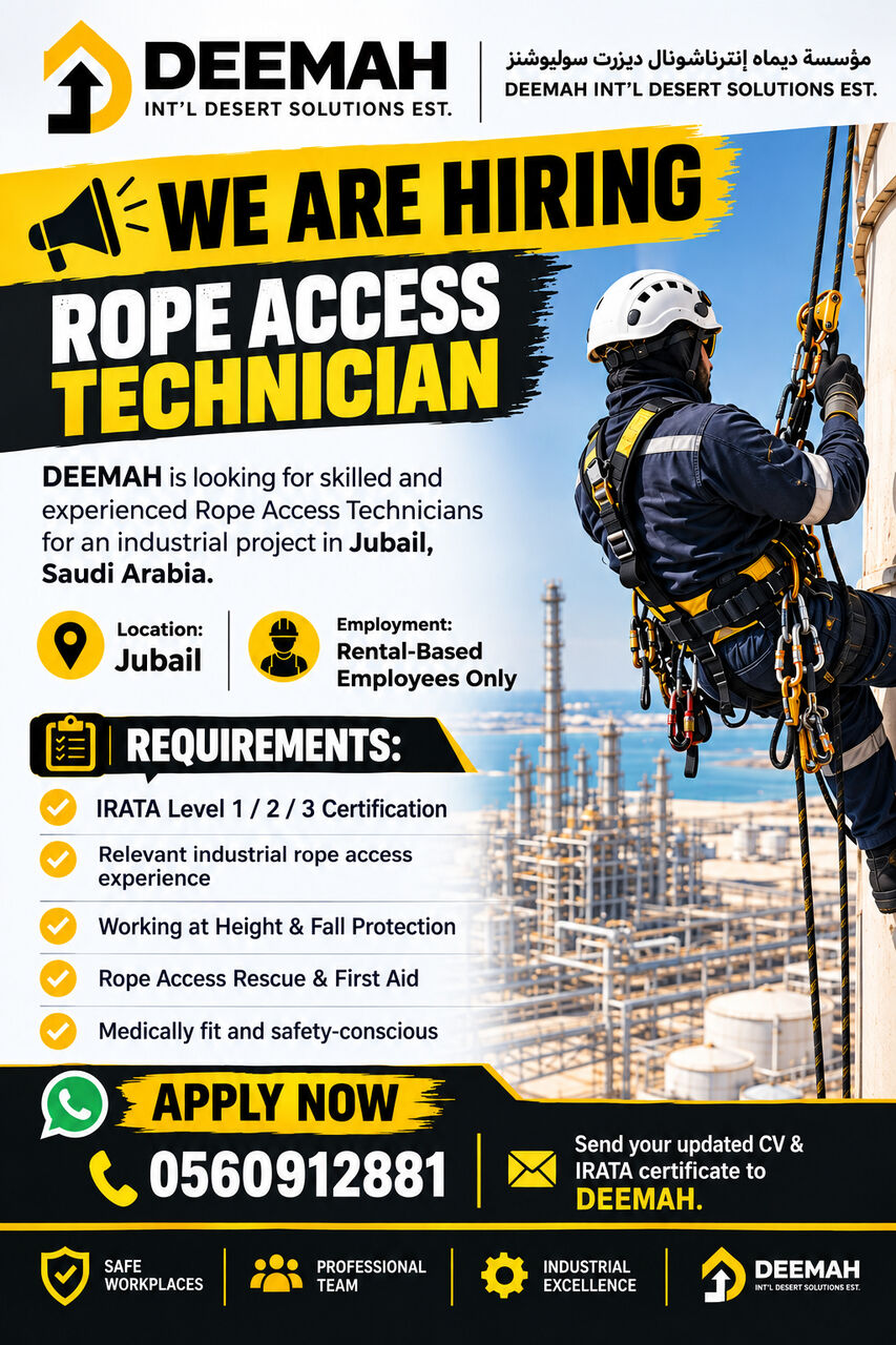 Jubail, Jobs, URGENT REQUIREMENT FOR ROPE ACCESS TECHNiCAN