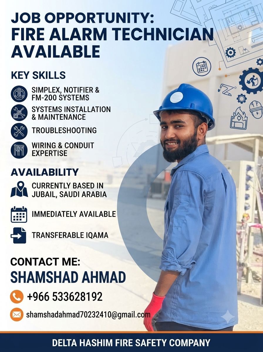 Jubail, Job Seekers, PROFESSIONAL SUMMARY & HIRING POST Position: Fire Alarm Technician (Available For Immediat