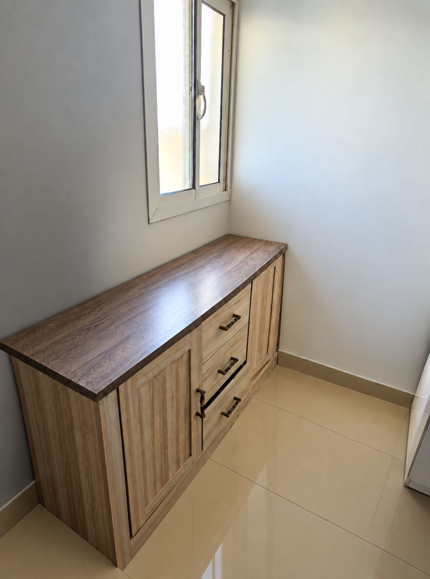 Riyadh, Furniture, SAR 200,  Dining Table & Wooden Sideboard  Walnut-Style Top For Sale