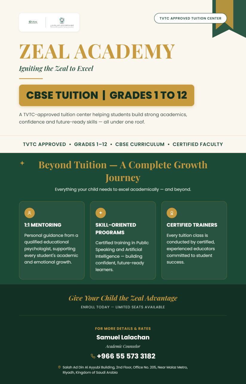 Al Malaz, Education, CBSE Tuition (Grades 1&ndash;12) &mdash; Admissions Open At Zeal Academy, Riyadh!