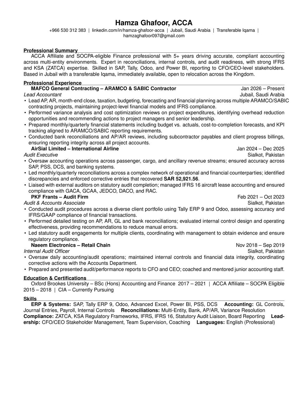 Riyadh, Job Seekers, Senior Accountant (SOCPA / ACCA) | Auditor | Transferable Iqama | 5+ Years Of Experience