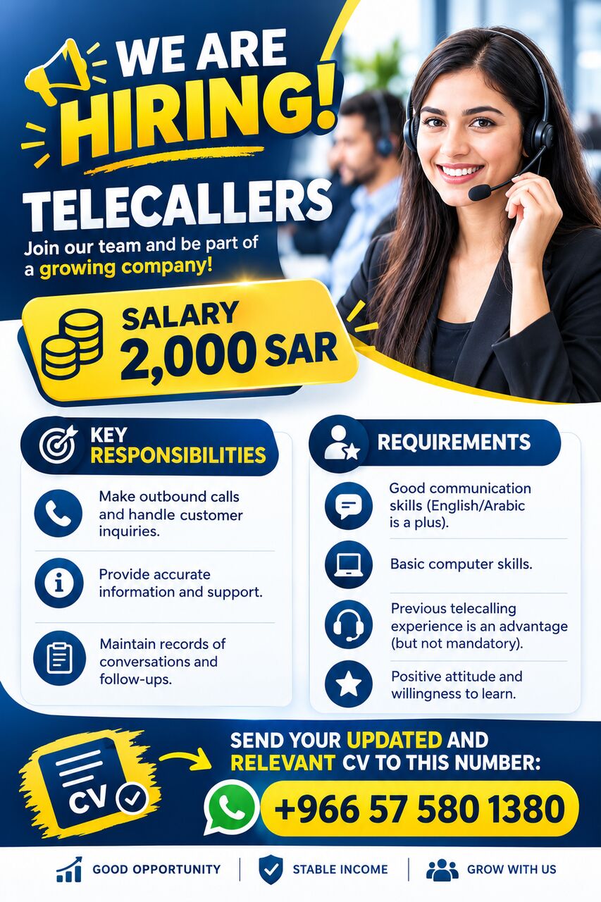 Riyadh, Jobs, WE&rsquo;RE HIRING TELECALLERS | APPLY NOW!
