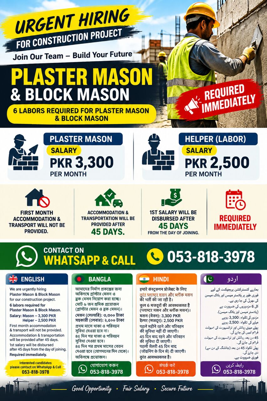 Al Mahjar, Jobs, Urgently Required - Plaster Mason, Block Mason & Helpers