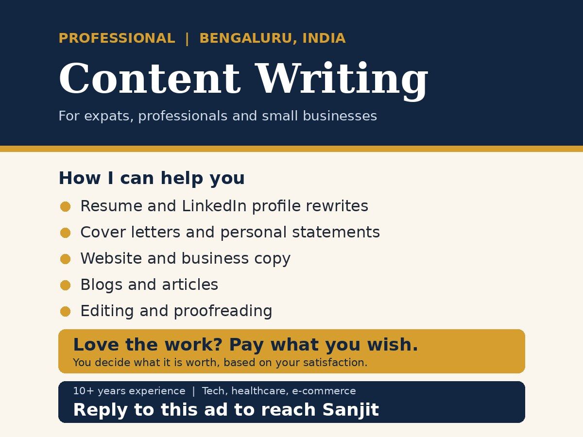 Bangalore, Writing, English Content Writer In Bengaluru | Resumes, LinkedIn, Website Copy