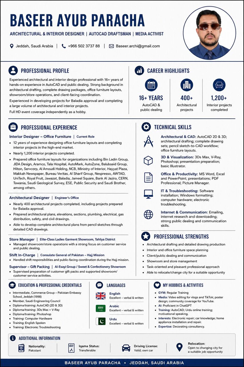 Jeddah, Job Seekers, Looking Full-time Position In Jeddah - Cad Designer / Showroom Manager