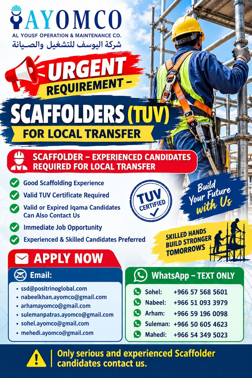 Dammam, Jobs, SCAFFOLDER &ndash;  REQUIRED FOR LOCAL TRANSFER