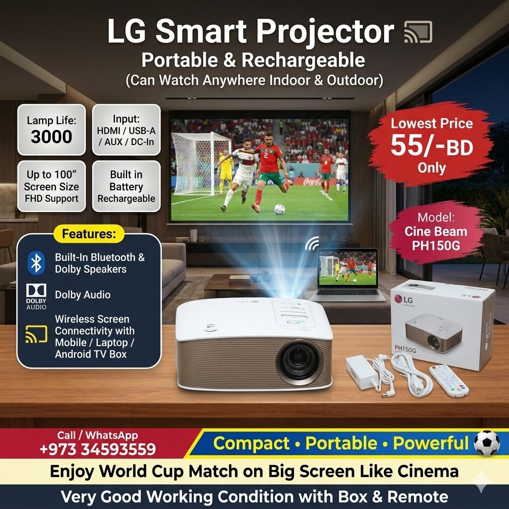 Manama, Computers, BHD 55,  LG Smart Projector Rechargeable Upto 100" Display Wireless Screen Connectivity & Bluetooth