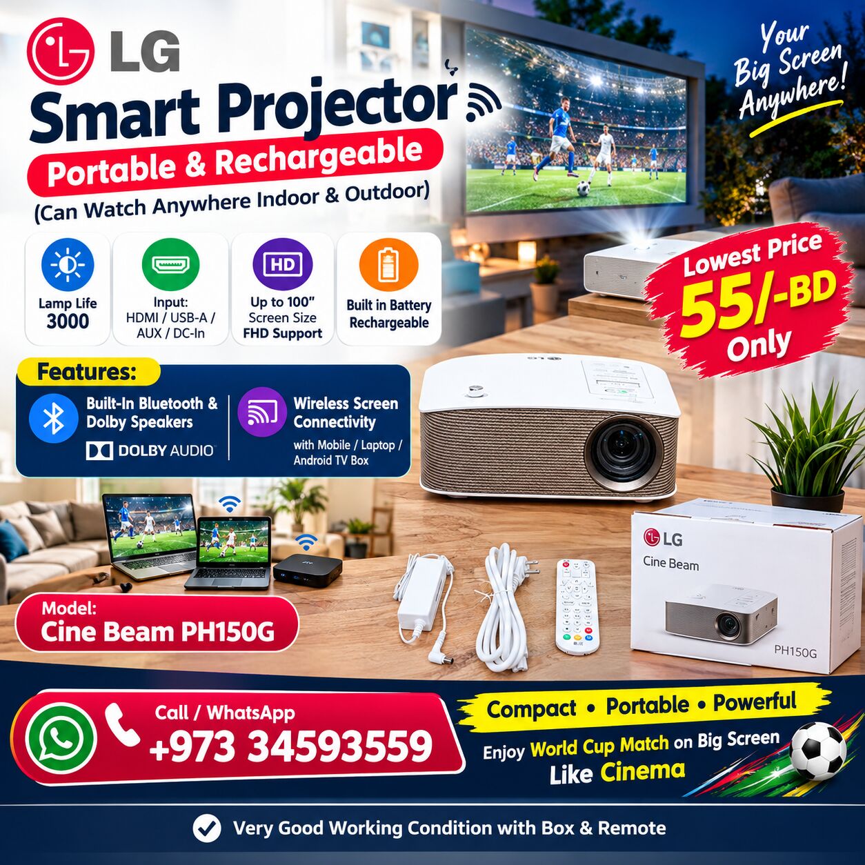 Isa Town, Computers, BHD 55,  LG Smart Projector Rechargeable Upto 100" Display Wireless Screen Connectivity & Bluetooth
