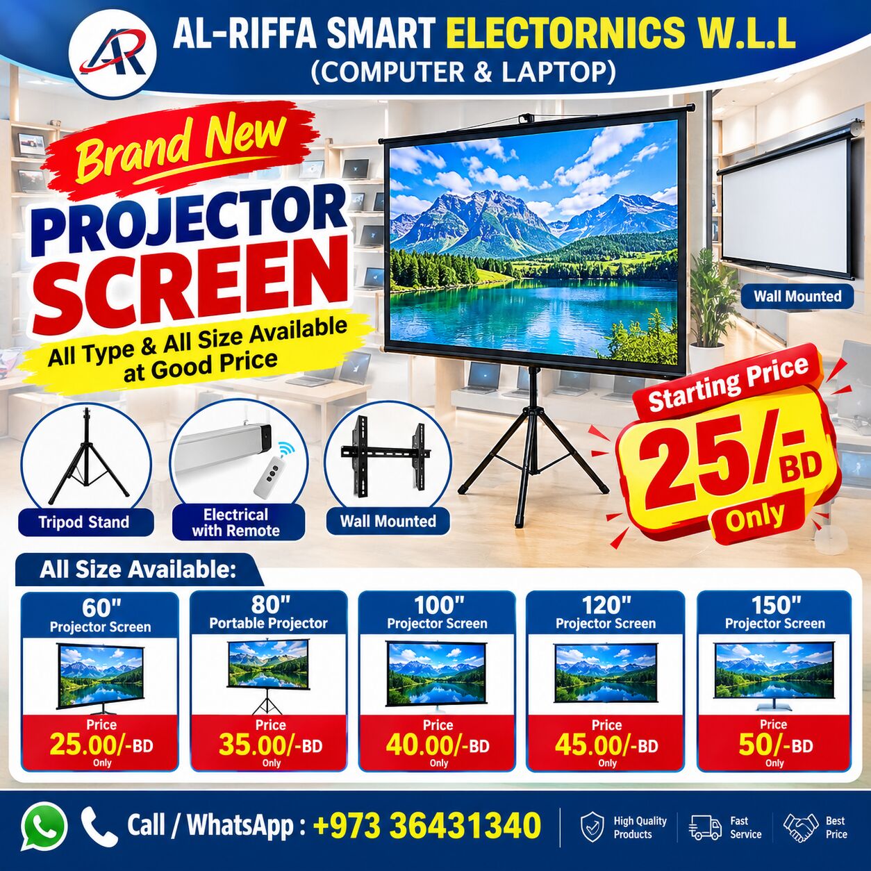 Isa Town, Computers, BHD 25,  New Projector Screen Box Pack All Size With Stand & Wall Mounted Available At Good Price