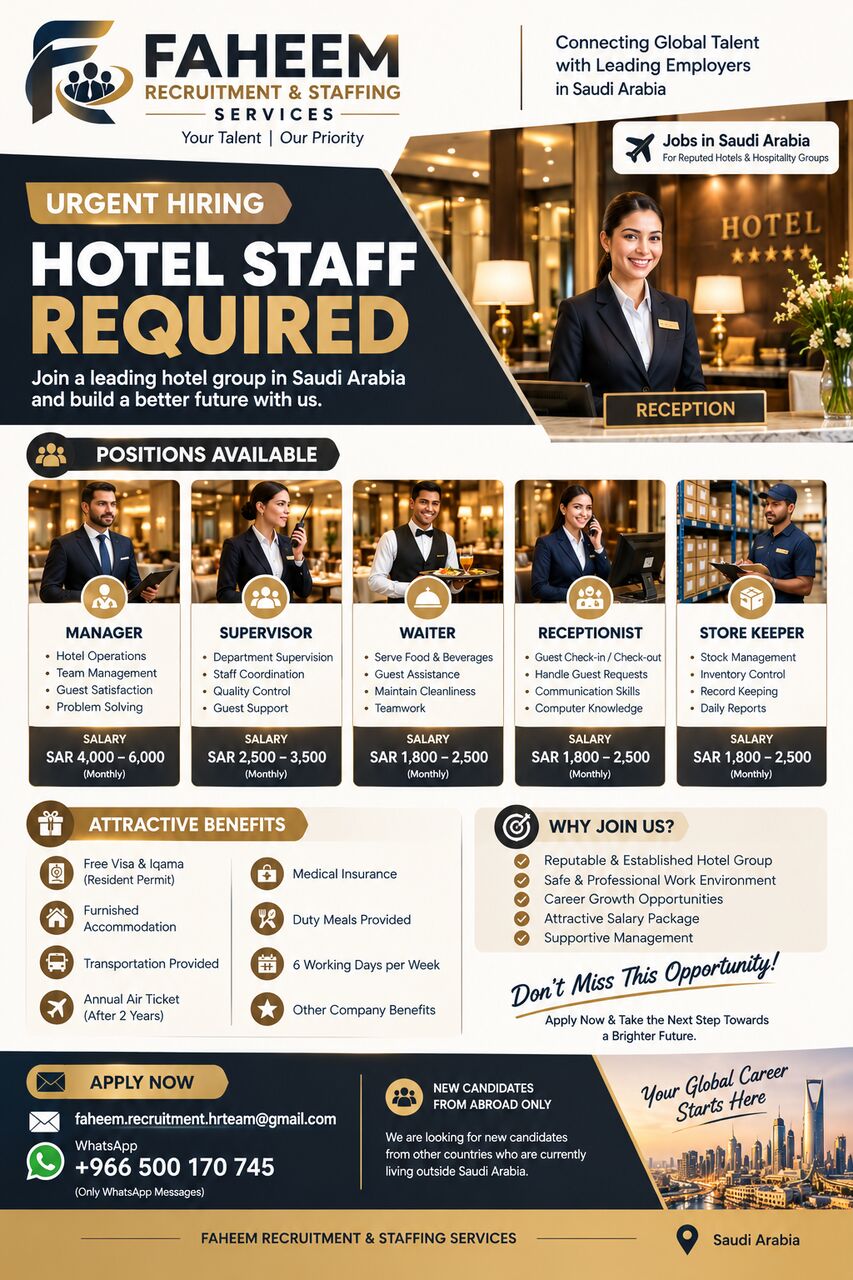 Riyadh, Jobs, HOTEL STAFF RECRUITMENT &ndash; SAUDI ARABIA