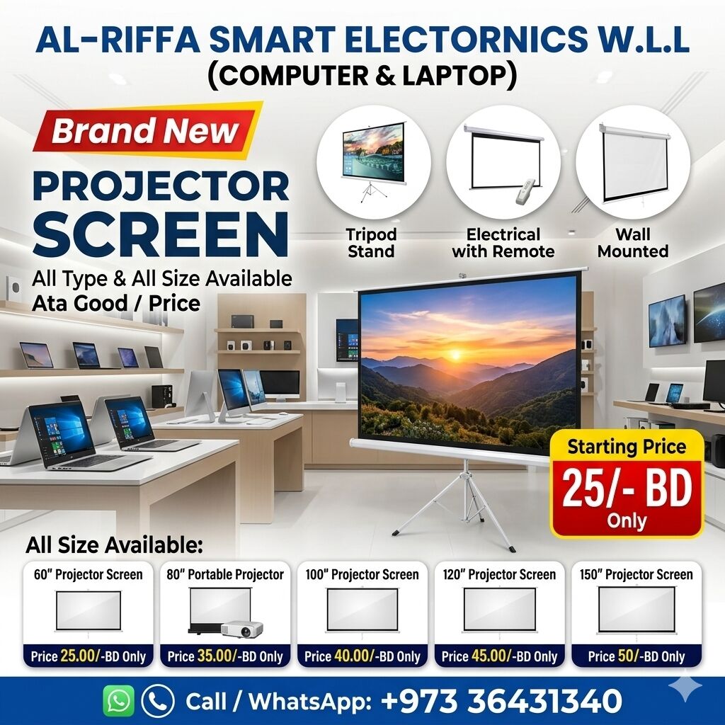 Manama, Computers, BHD 25,  New Projector Screen Box Pack All Size With Stand & Wall Mounted Available At Good Price