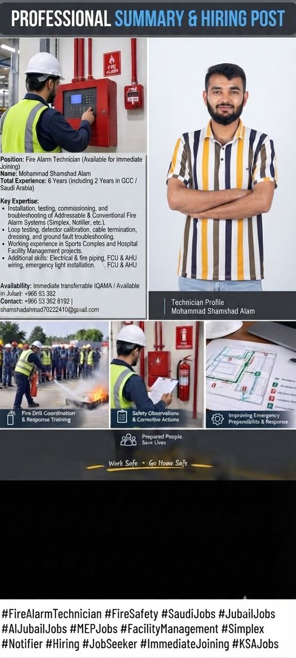Jubail, Job Seekers, .​Headline / Title: ​Experienced Fire Alarm Technician Available In Jubail (Simplex, Notif