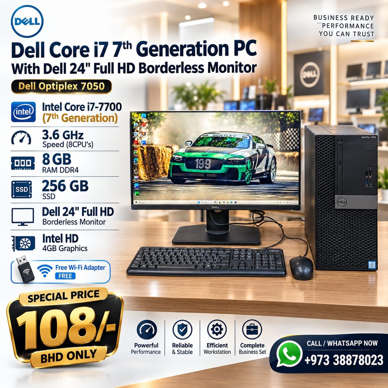 Manama, Tablet Computers, BHD 108,  Dell Core I7 7th Gen PC RAM 8GB SSD 256GB 24" FHD Borderless Monitor FREE WIFI Adapter
