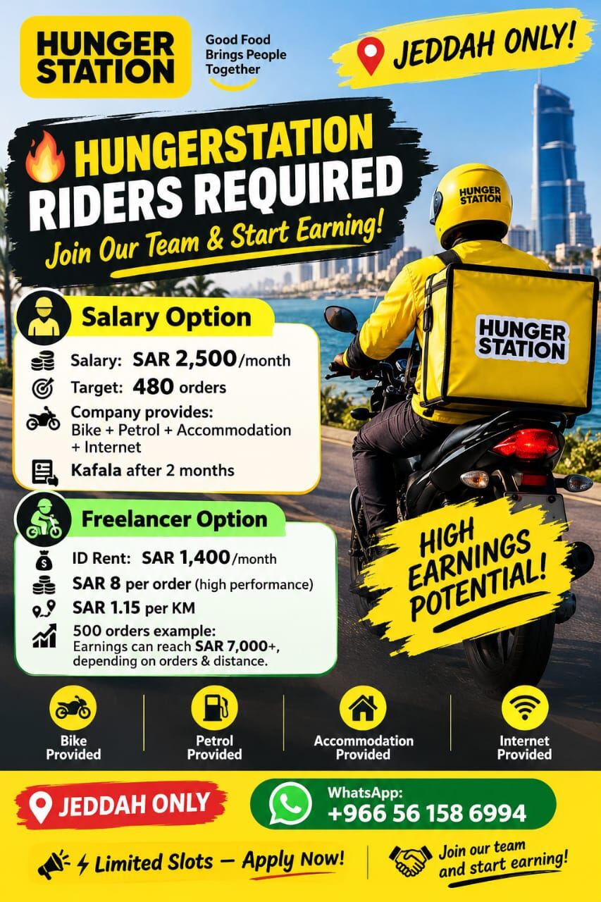 Jeddah, Jobs, Bike Hungersation Salary And Car Freelancer Available Now Salary On Time