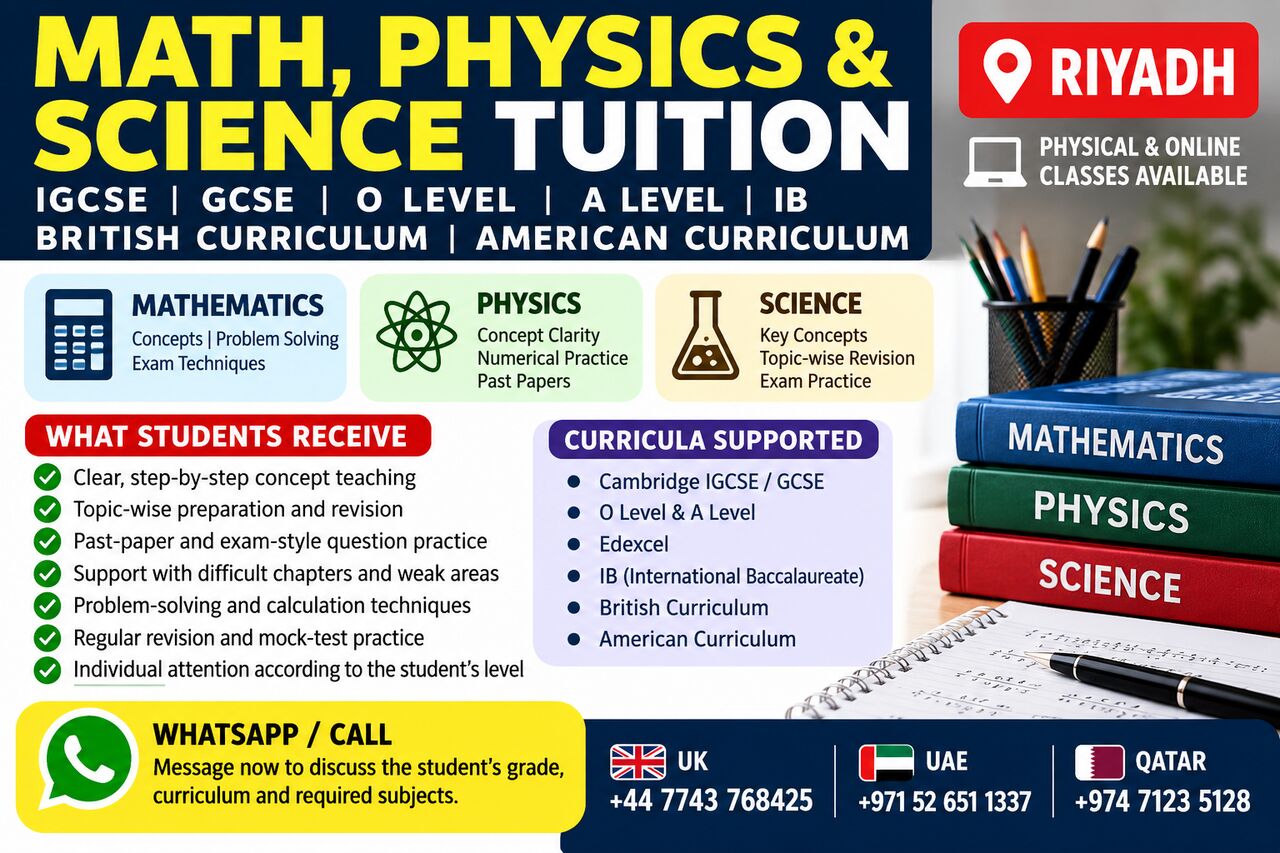 Sulai, Lessons Offered, Math, Physics & Science Tuition &ndash; IGCSE/GCSE/O/A Level/IB & American Curriculum | Riyadh