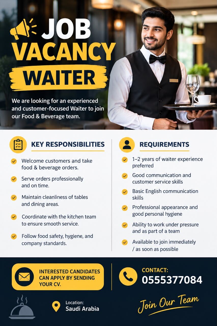 Riyadh, Jobs, Waiter