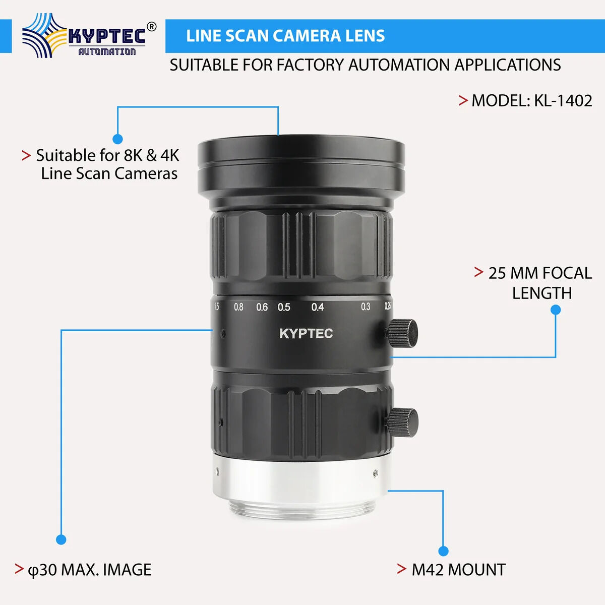 New Delhi, Electronics, INR 19500,  25 MM Line Scan Camera Lens For 4K / 8K Cameras, M42 Mount &ndash; Kyptec Automation&reg;