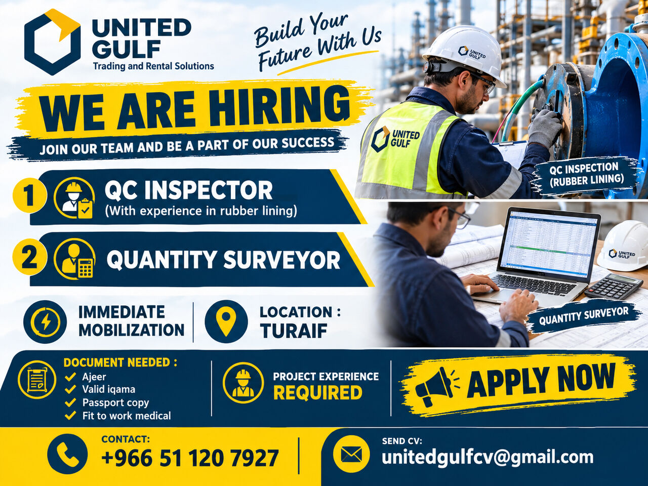 Jubail, Jobs, QC INSPECTOR,  2 QUANTITY SURVEYOR