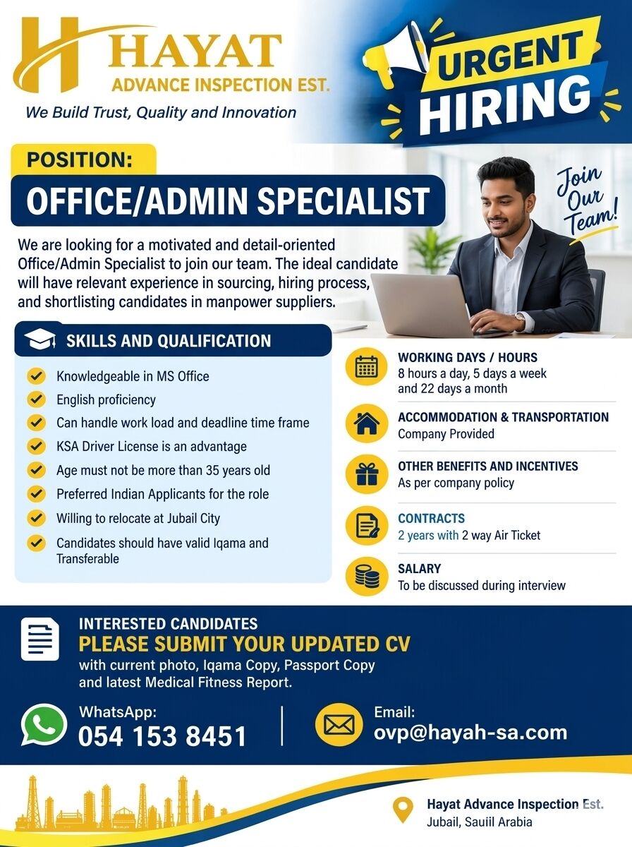 Jubail, Jobs, Office/Admin Specialist
