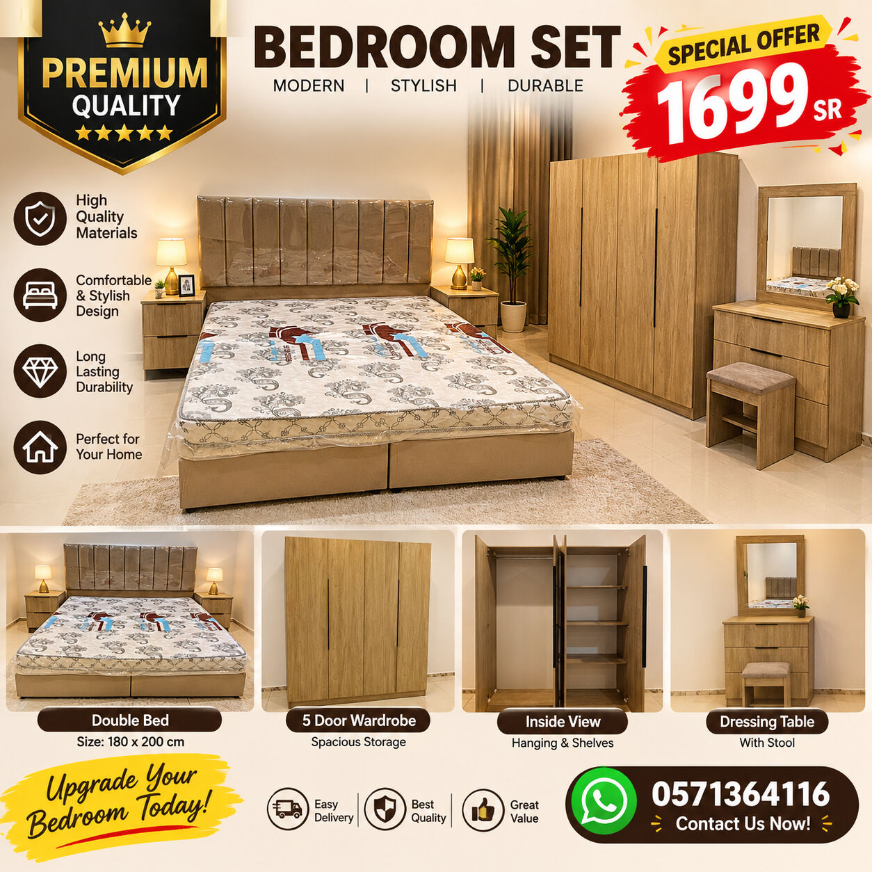 Jeddah, Furniture, SAR 5,  Premium Quality Bedroom Furniture Set | Modern 4-Door Wardrobe & Elegant Design