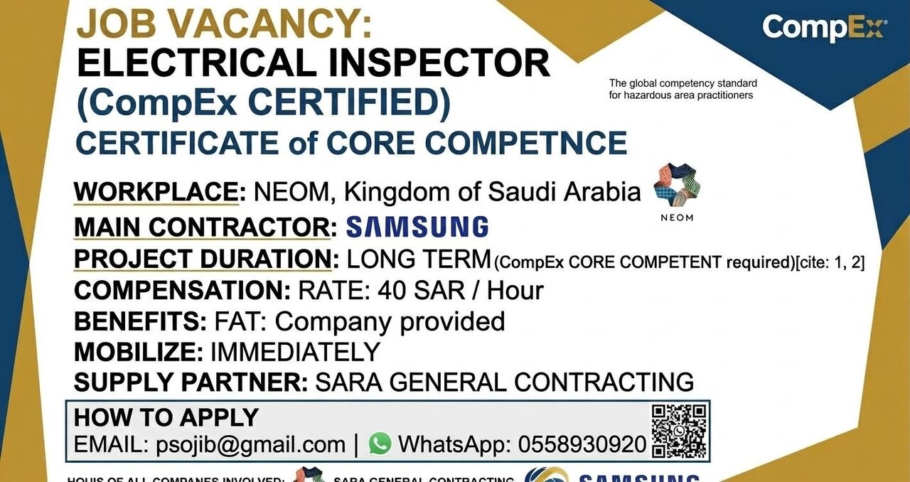 Jubail, Jobs, ELECTTICAL INSPECTOR (Compex  Certified )