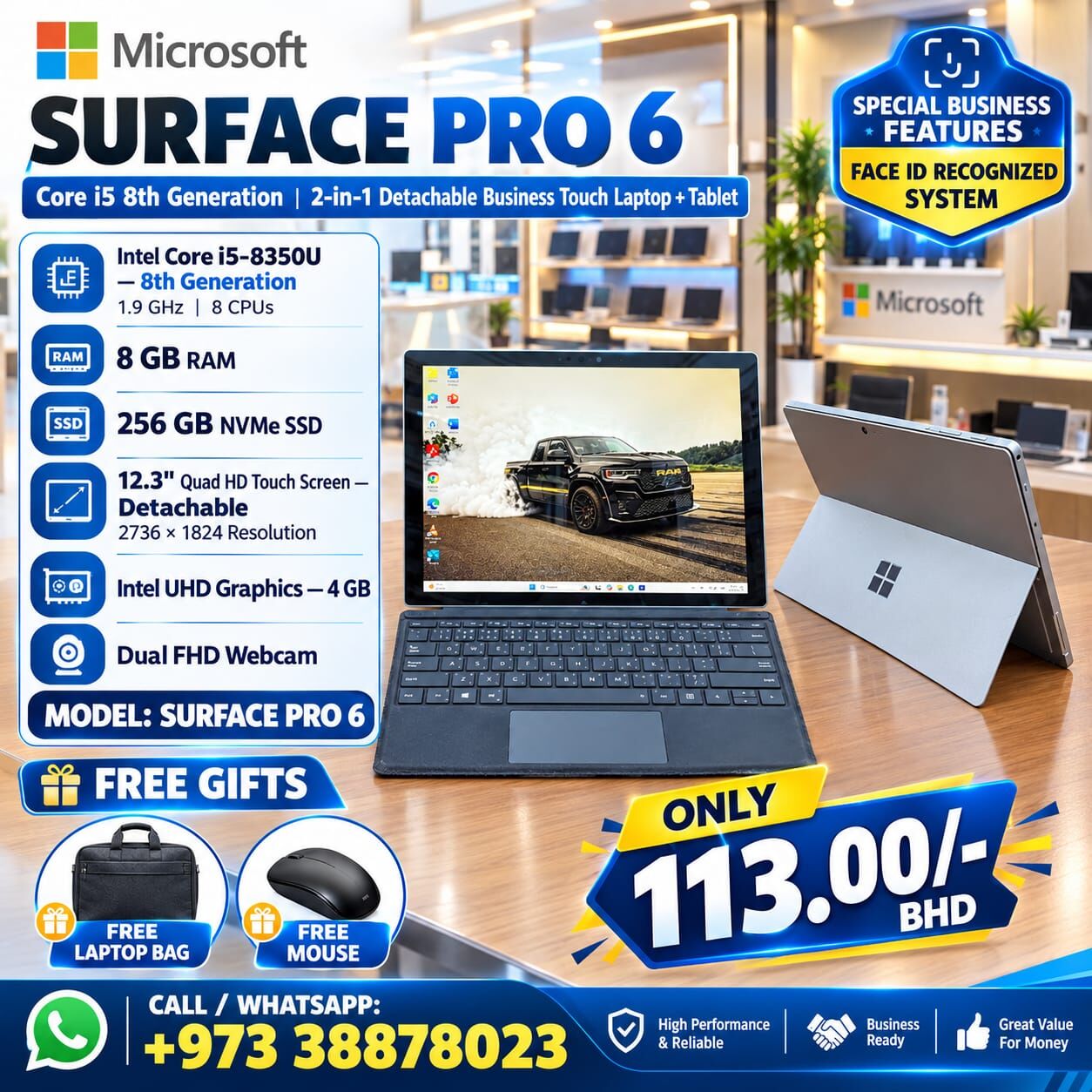 Manama, Tablet Computers, BHD 113,  Surface Pro Core I5 8th Gen 2in1 Detachable Touch Laptop + Tablet 12.3 Quad Display