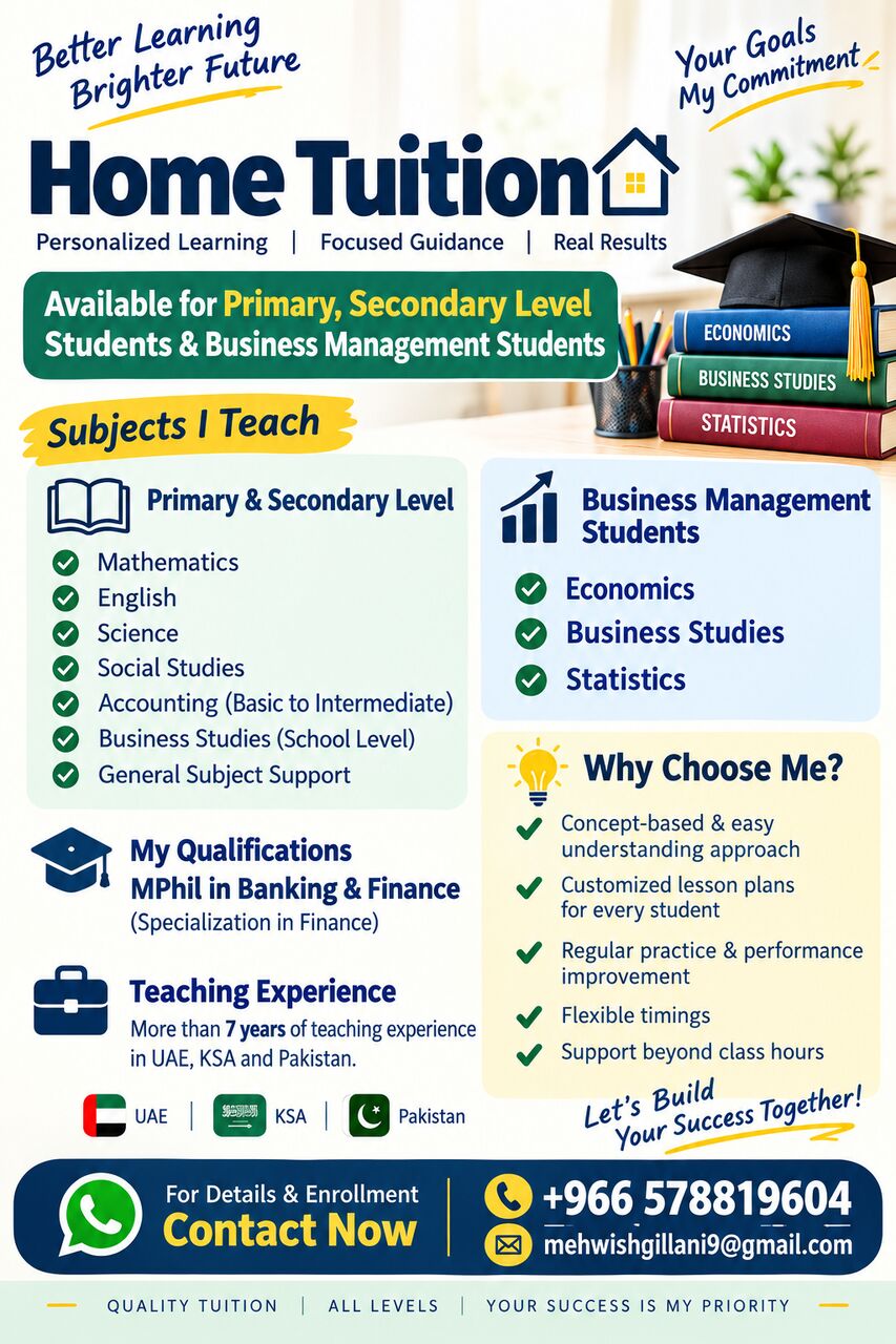Jeddah, Education, Home Tution For Primary/secondary All Curriculms