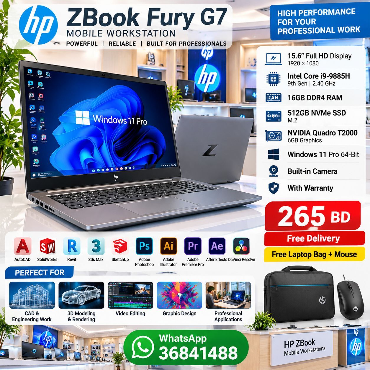 Salmaniya, Computers, BHD 265,  HP ZBook Fury G7 I9 Workstation Quadro T2000 6GB | 16GB RAM 512GB SSD Call/36841488