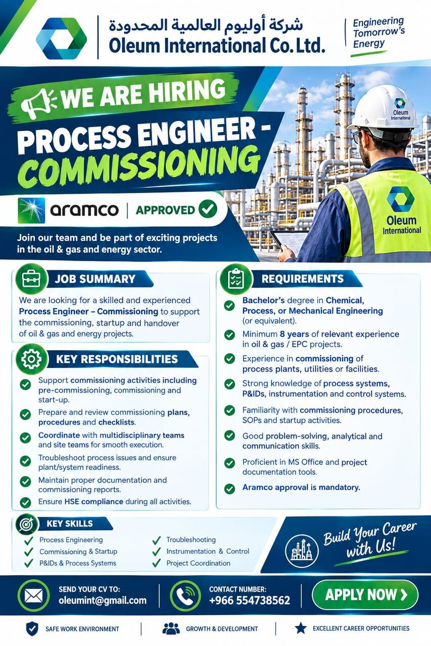 Jubail, Jobs, PROCESS ENGINEER &ndash; COMMISSIONING