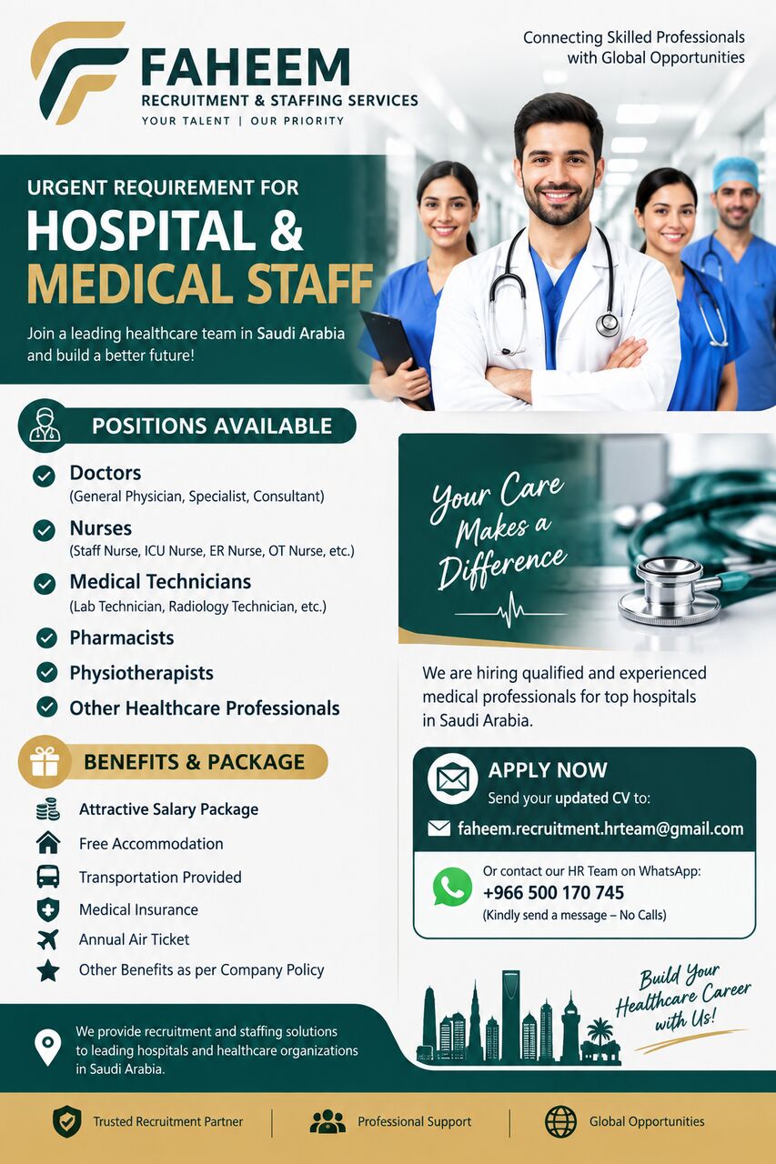Riyadh, Jobs, HOSPITAL & MEDICAL STAFF REQUIRED &ndash; SAUDI ARABIA