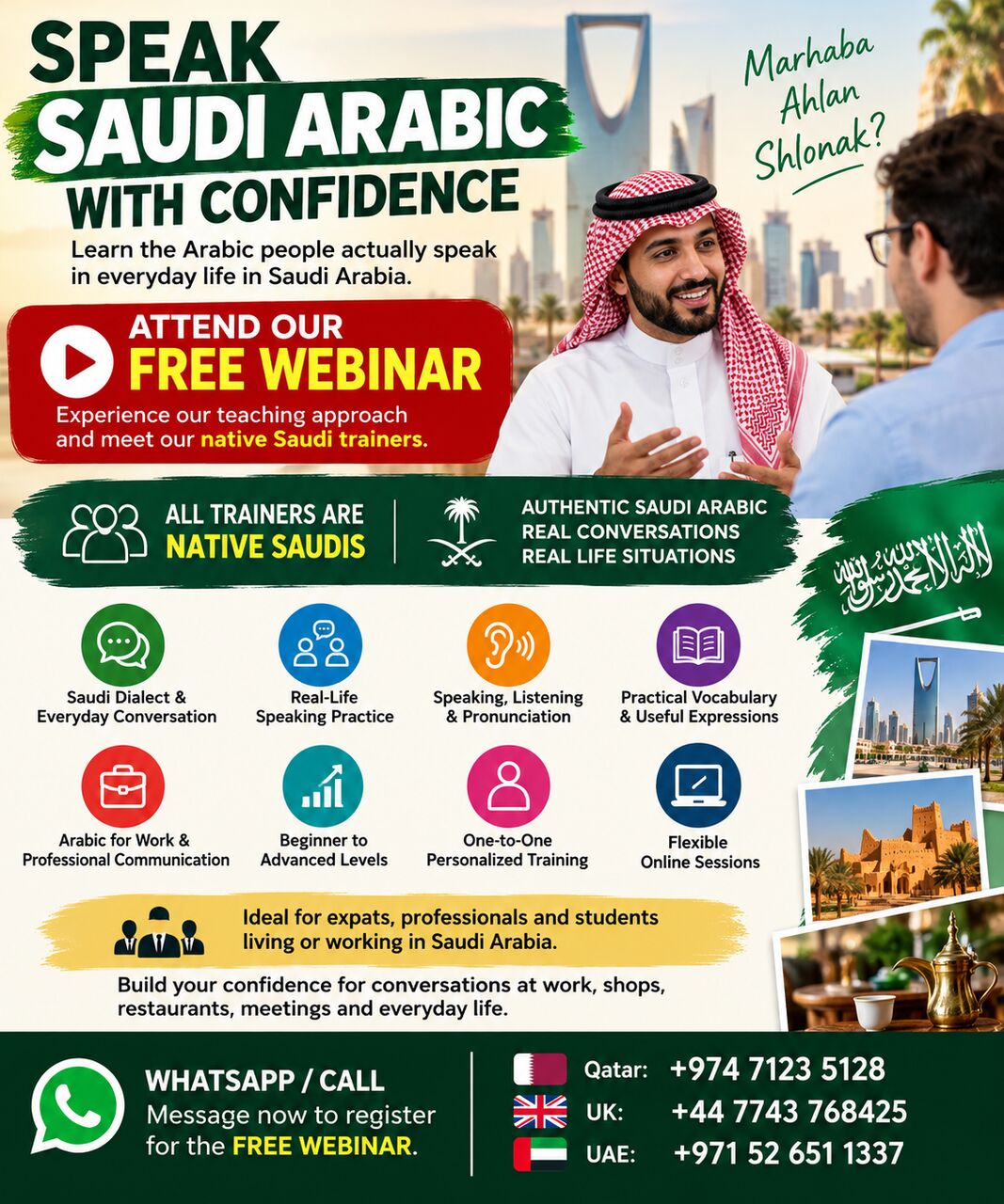 Riyadh, Lessons Offered, Learn Saudi Arabic With Native Saudi Trainers &ndash; Attend Free Webinar.