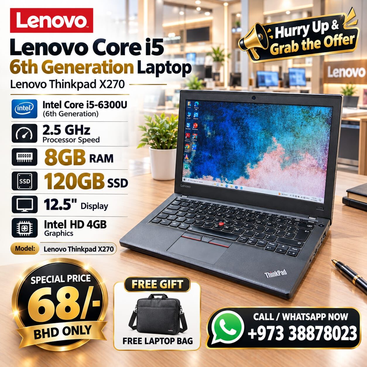 Manama, Computers, BHD 68,  Lenovo Core I5 6th Generation Laptop RAM 8GB SSD 120GB Windows Pro & Office Ready To Ues