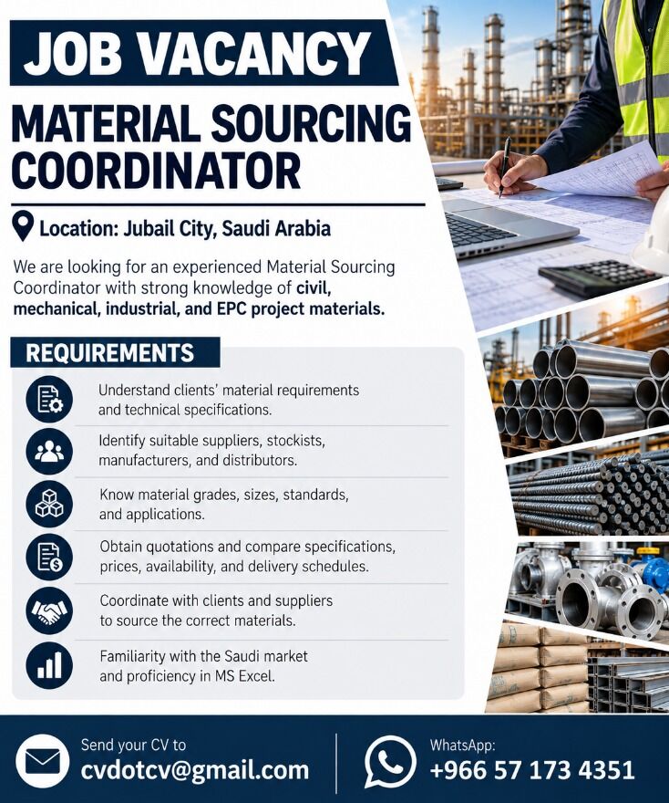 Jubail, Jobs, Material Coordinator & Industrial Services Estimation Eng & Civil Estimation Eng
