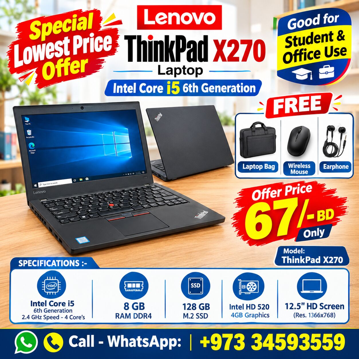 Isa Town, Computers, BHD 67,  Special Offer LENOVO Core I5 6th Generation Laptop 8GB DDR4 RAM (FREE Bag +Mouse +Earphone