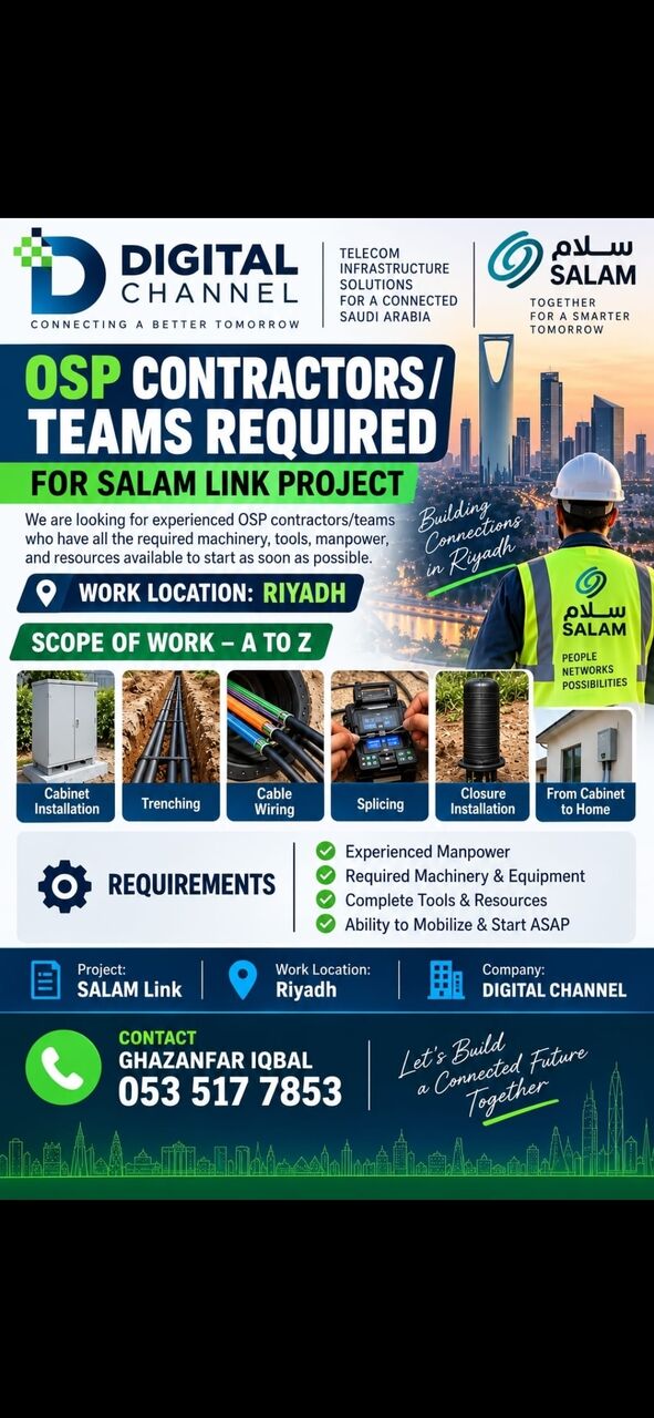 Riyadh, Jobs, OSP Contractors / Teams Required For Salam Link Project