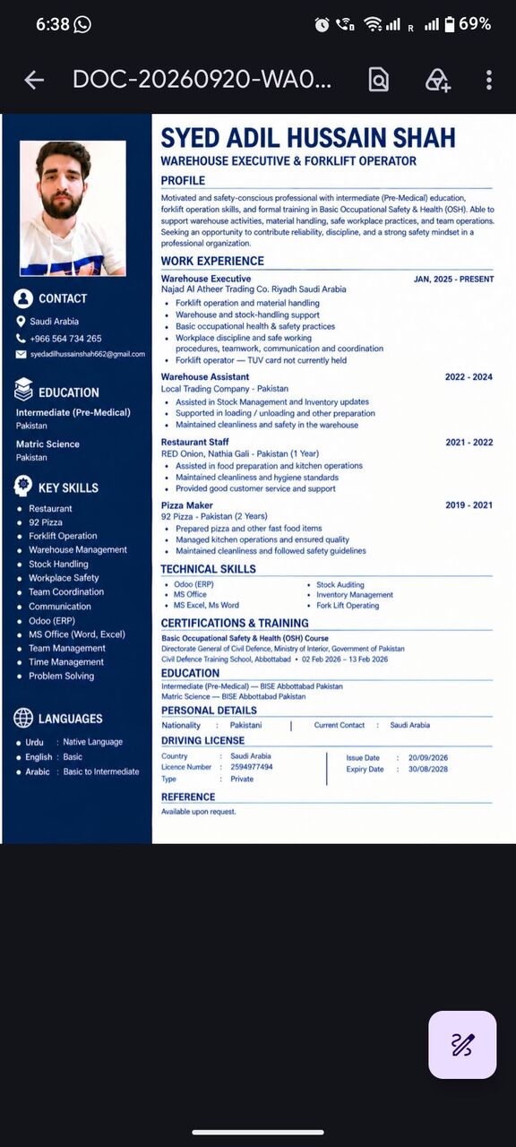 Riyadh, Job Seekers, Driver +forklift Operator+where House Management Etc.