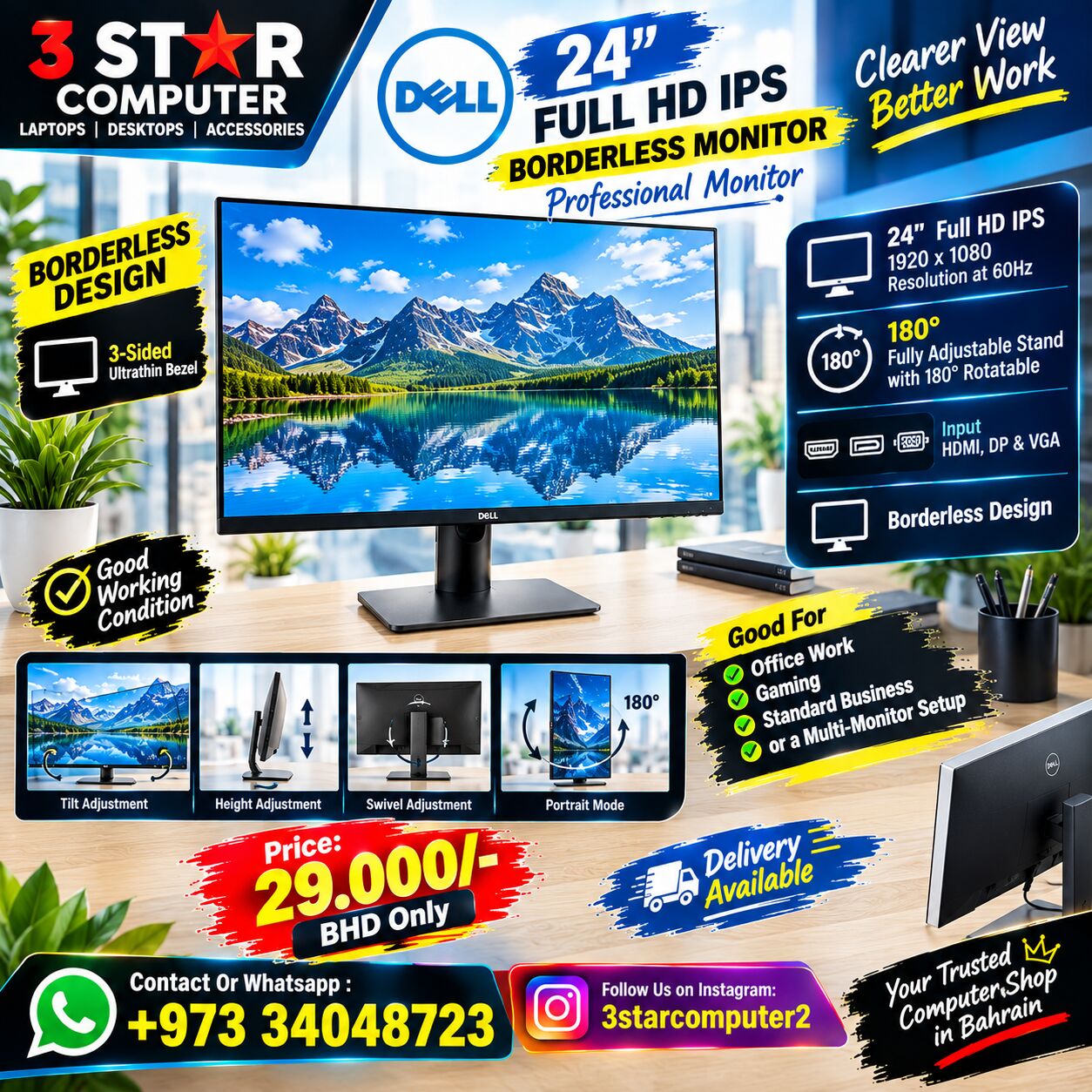 Manama, Computers, BHD 29,  DELL 24" Full HD IPS Borderless Professional Monitor With Adjustable Stand HDMI,DP, VGA