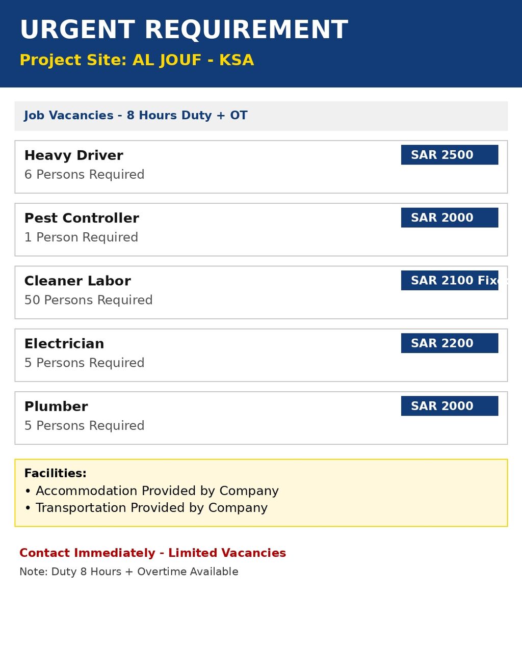 Riyadh, Jobs, URGENT REQUIREMENT