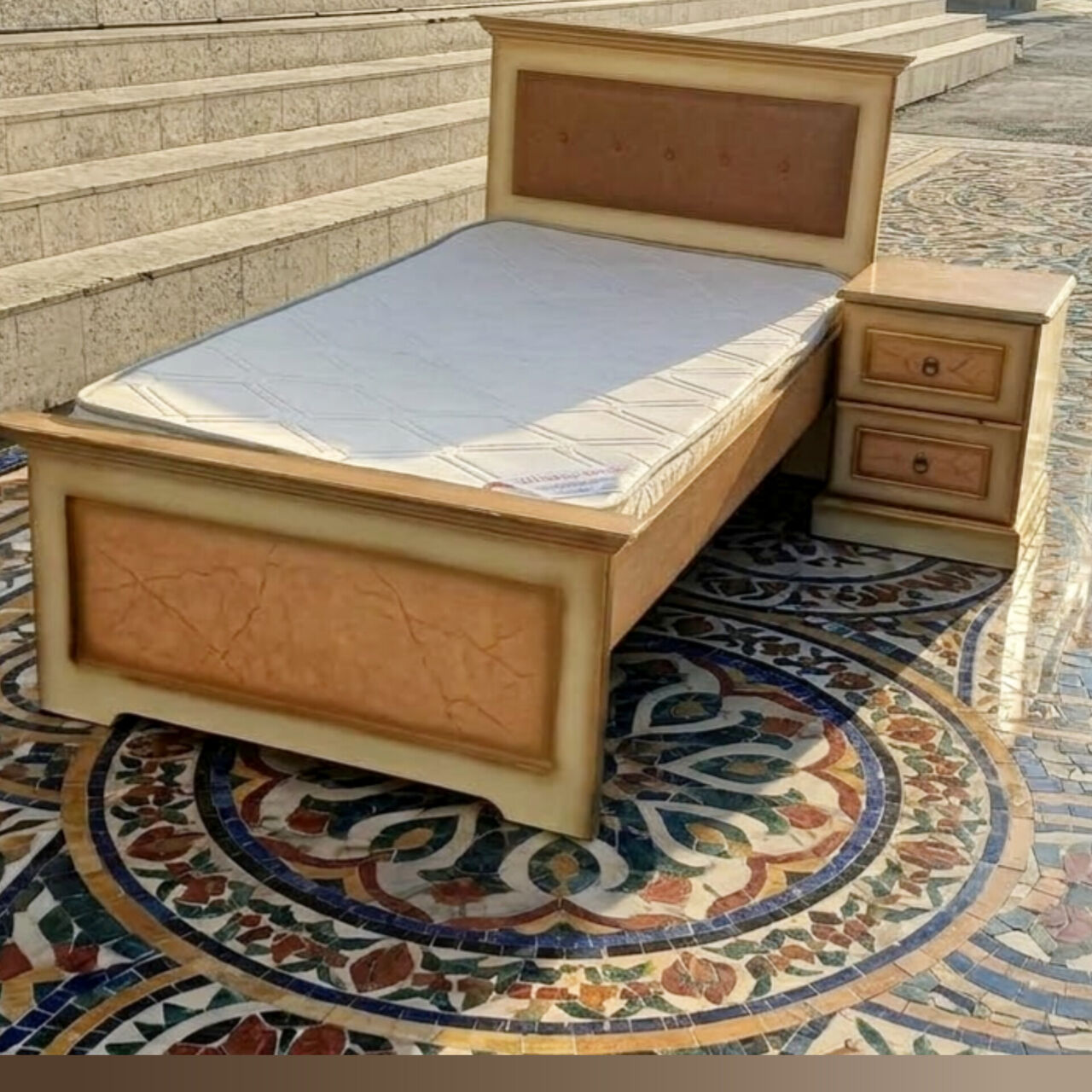 Manama, Furniture, BHD 30,  ✅️ Single Wooden Bed + Side Table With Mattress For Sale In Good Condition With Delivery