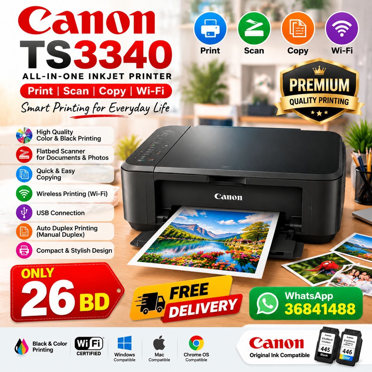 Salmaniya, Computers, BHD 26,  Canon Wi-Fi Printer Color Scan Copy Brand New Call / WhatsApp-36841488