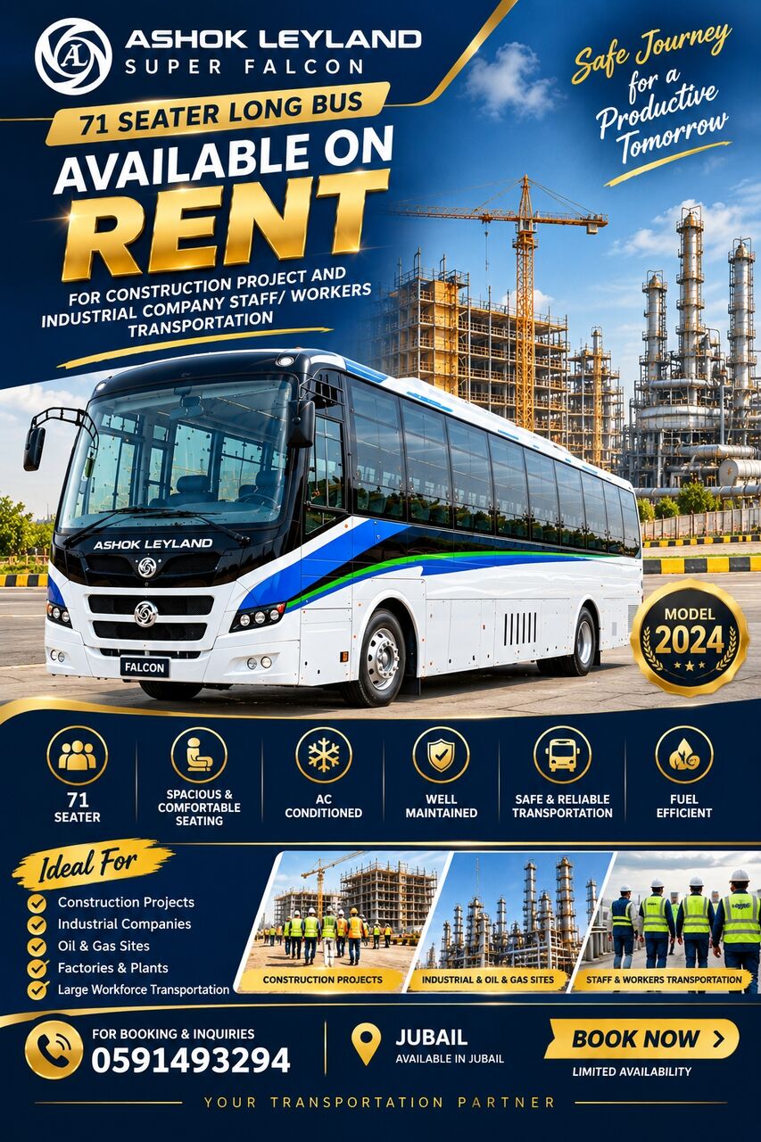 Jubail, Equipment Rental, Ashok Leyland 71 Seater Long Bus Available On Rent