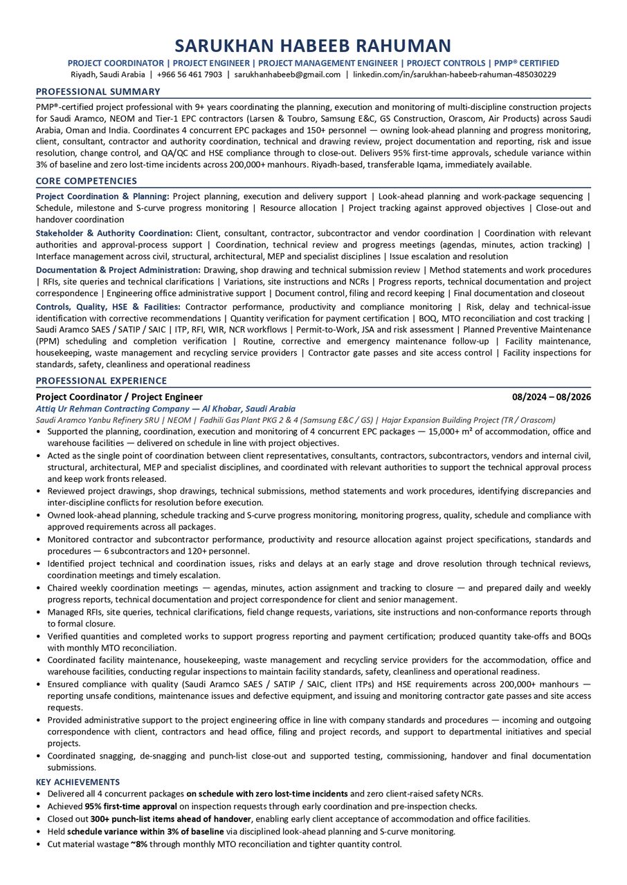 Riyadh, Job Seekers, Project Coordinator | Project Control Engineer | Civil Engineer | Project Engineer