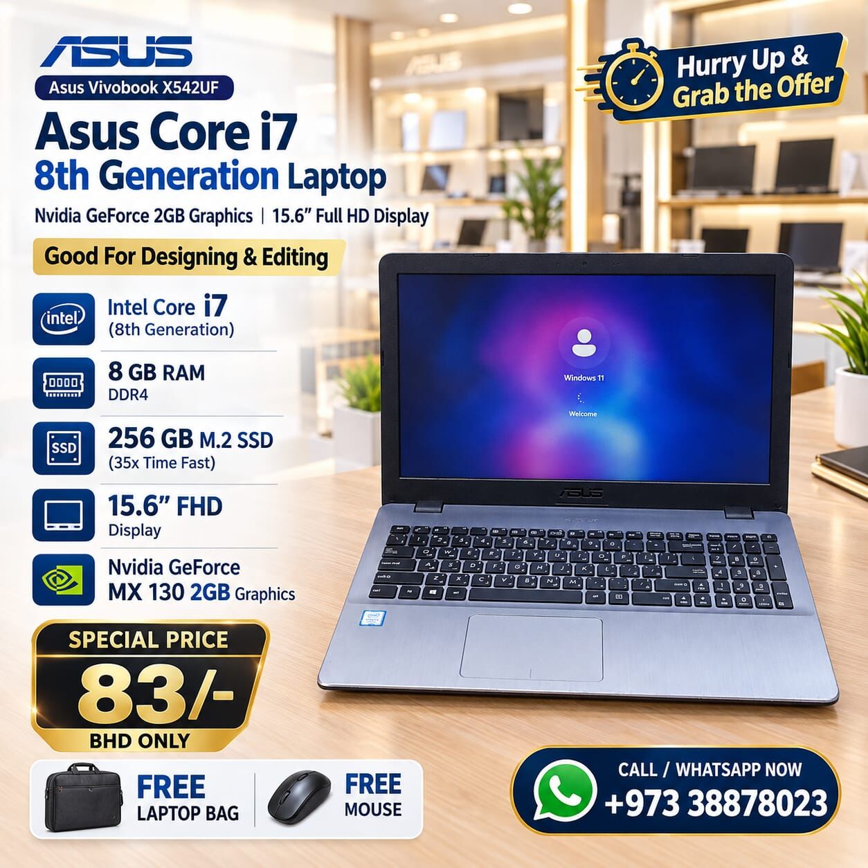 Manama, Tablet Computers, BHD 83,  ASUS Core I7 8th Gen Laptop 8GB RAM 256GB M.2 SSD Nvidia 2GB Graphics 15.6" FHD Display