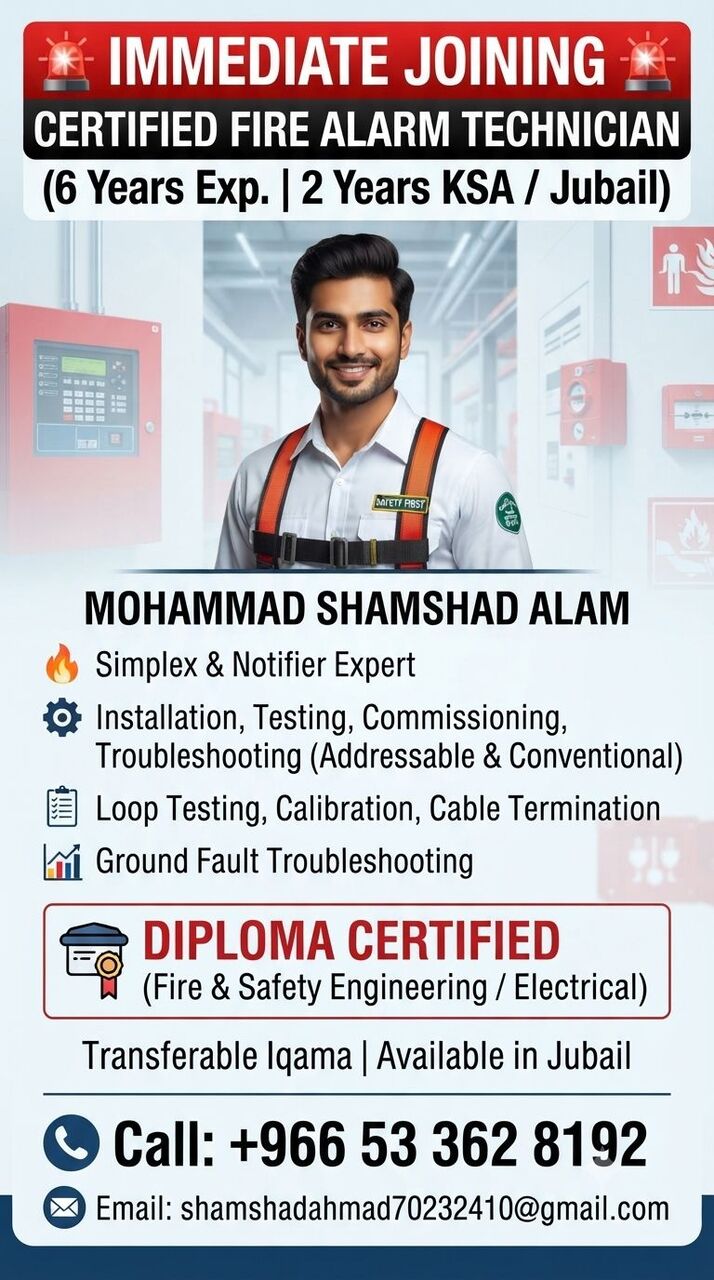 Jubail, Job Seekers, ​🚨 URGENT: Certified Fire Alarm Technician Available In Jubail | 6 Yrs Exp (2 Yrs KSA) |