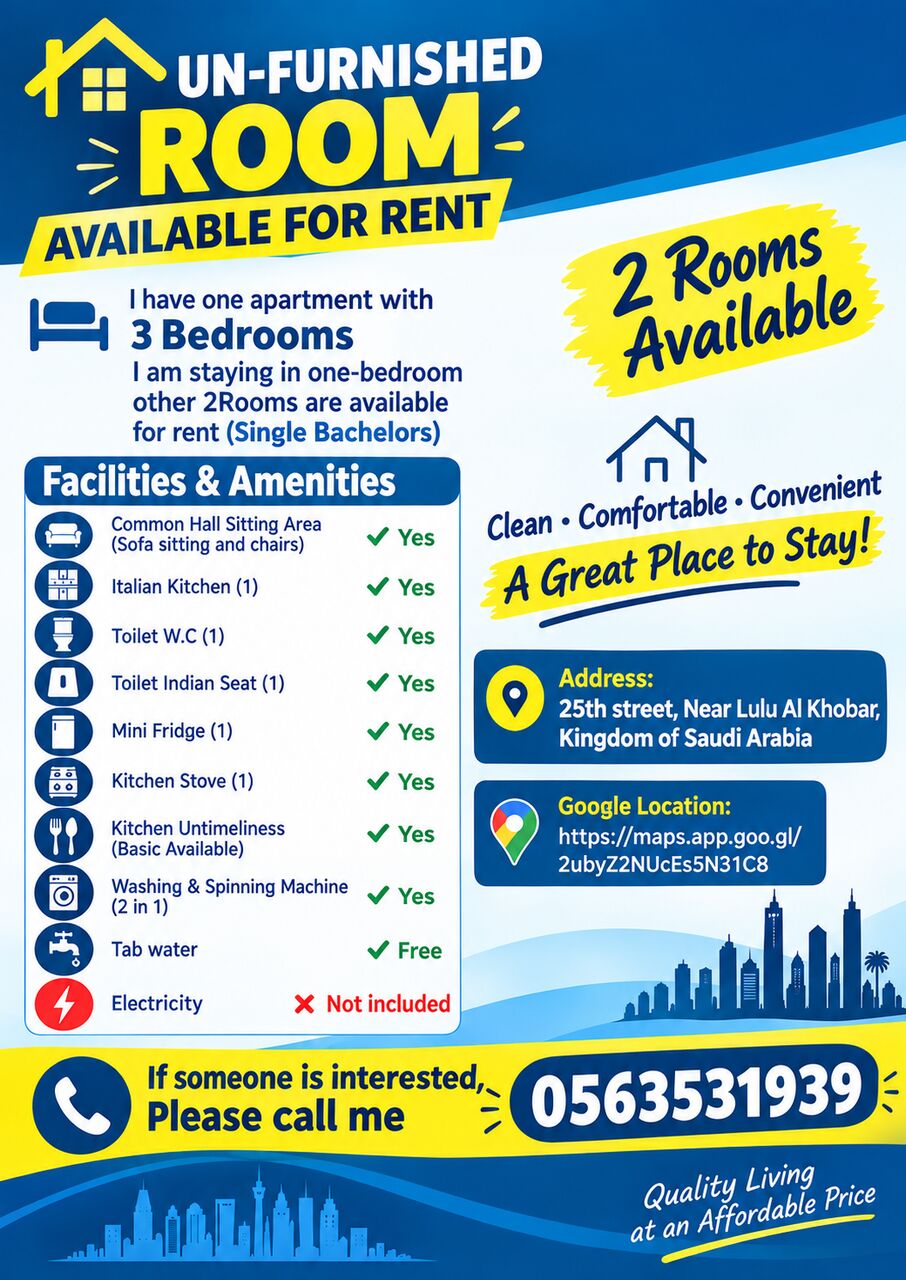Khobar, Apartments, Flats, Houses & Villas, SAR 500/month,  144 Sq. Feet,  Un-Furnished 2Rooms Available For Rent