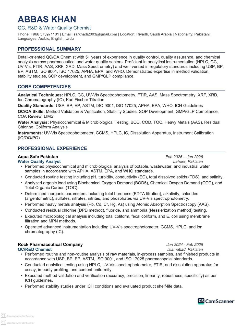 Riyadh, Job Seekers, Looking For R&D Chemist Position, Seeking For Research Assistant | QC/R&D Chemist.